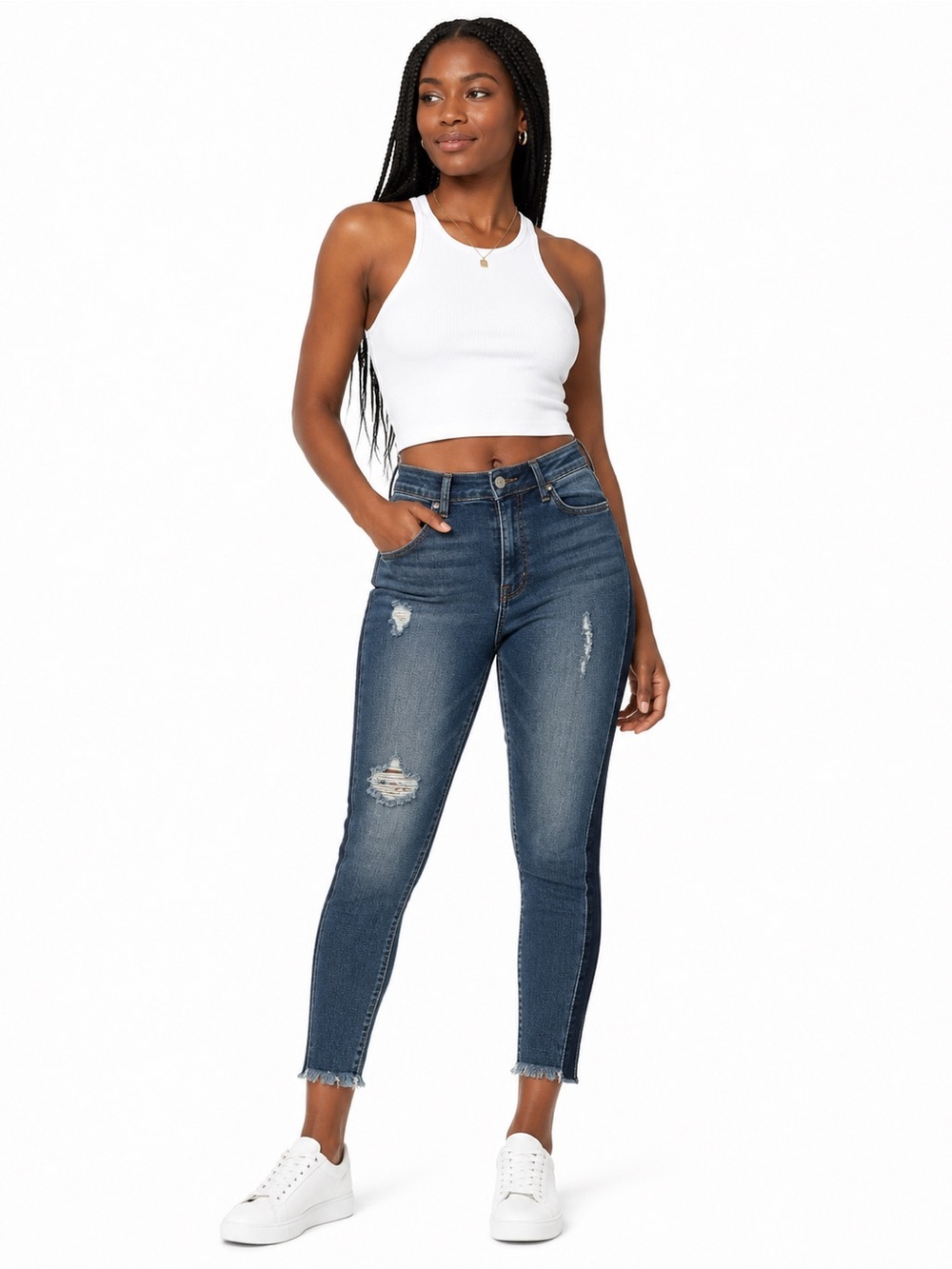 STS Blue High Rise Skinny Jeans Size 26 Distressed Raw Hem Contrast Side Panel S
